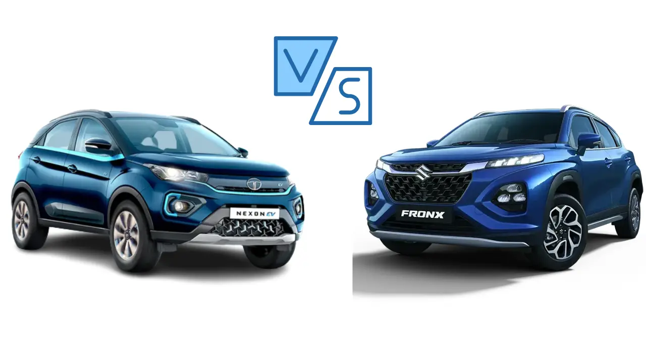 An image showing a Maruti Fronx and Tata Nexon parked side by side, representing the contents of the article - a car comparison guide.